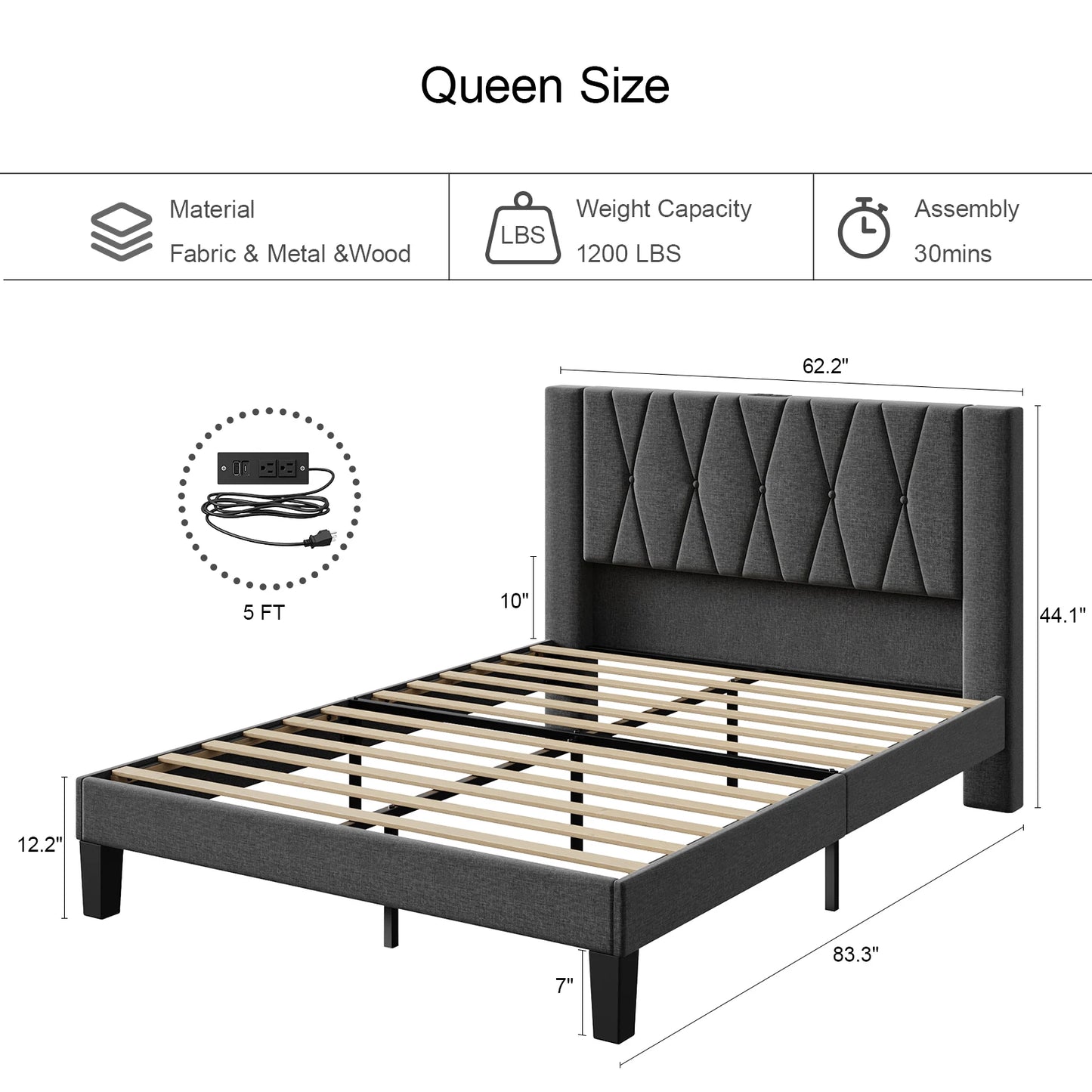 Queen Bed Frame with HeadBoard,Linen Upholstered Platform Bed Frame with Charging & Storage,No Box Spring Needed,Dark Grey