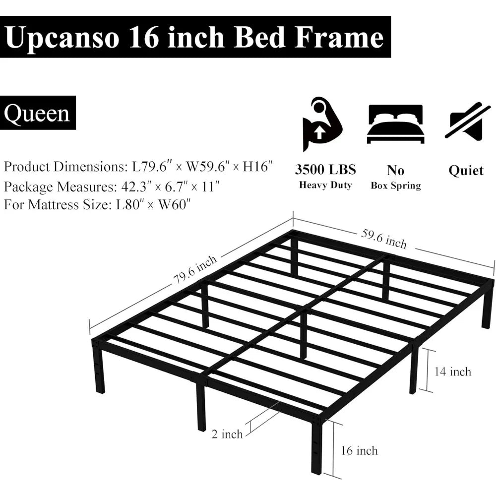 16 Inch Queen Bed Frame No Box Spring Required, Metal Platform Queen Size Bed Frames with 14 Inch Storage
