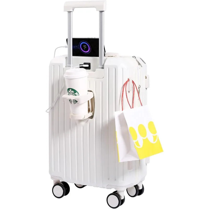 Carry-on Luggage with Cup Holder & USB Charging Port, Hard Side Luggage with Spinner Wheels, Lightweight Luggage for Travel