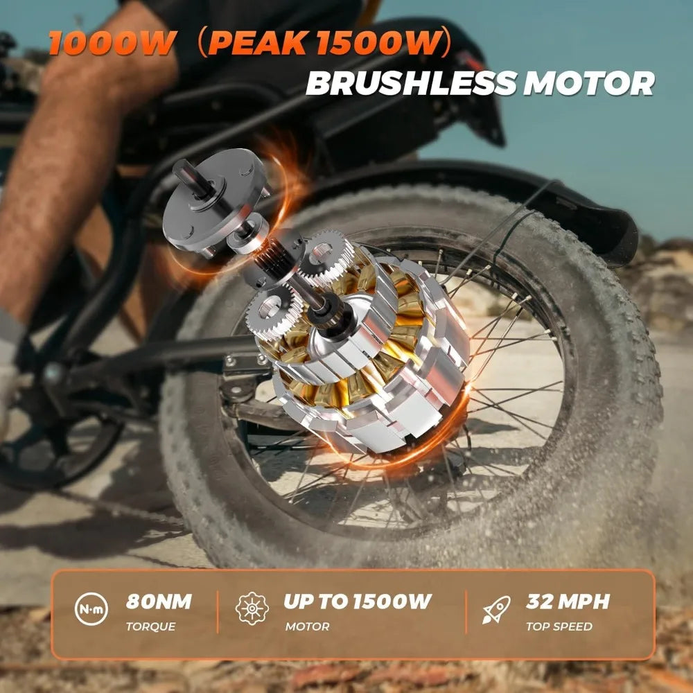 Electric Bike,20”x 4”Fat Tire,Peak 1500W Motor,7 Speed Electric Motorcycle Bicycle, 48V15AH/13AH Battery 3 Riding Modes Up to