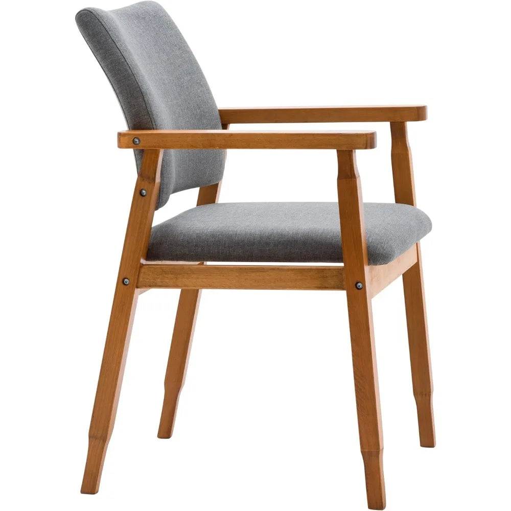 Set of 2 Mid Century Modern Walnut Dining Chairs Wood Arm Grey Fabric Kitchen Cafe Living Room Decor Furniture