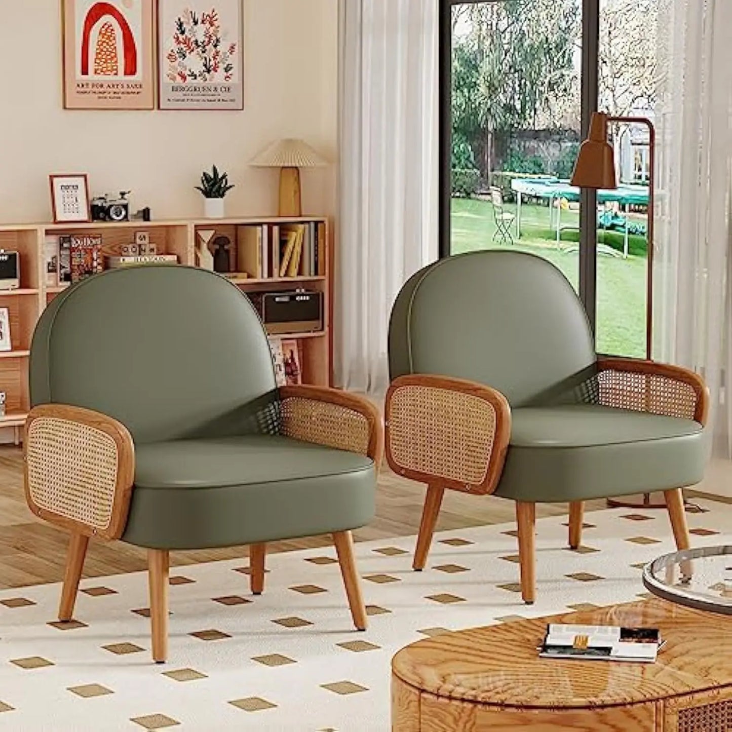 Mid Century Modern Accent Chair Armchair with Rattan Arms Upholstered Rattan Boho Accent Chair for Living Room Bedroom Balcony