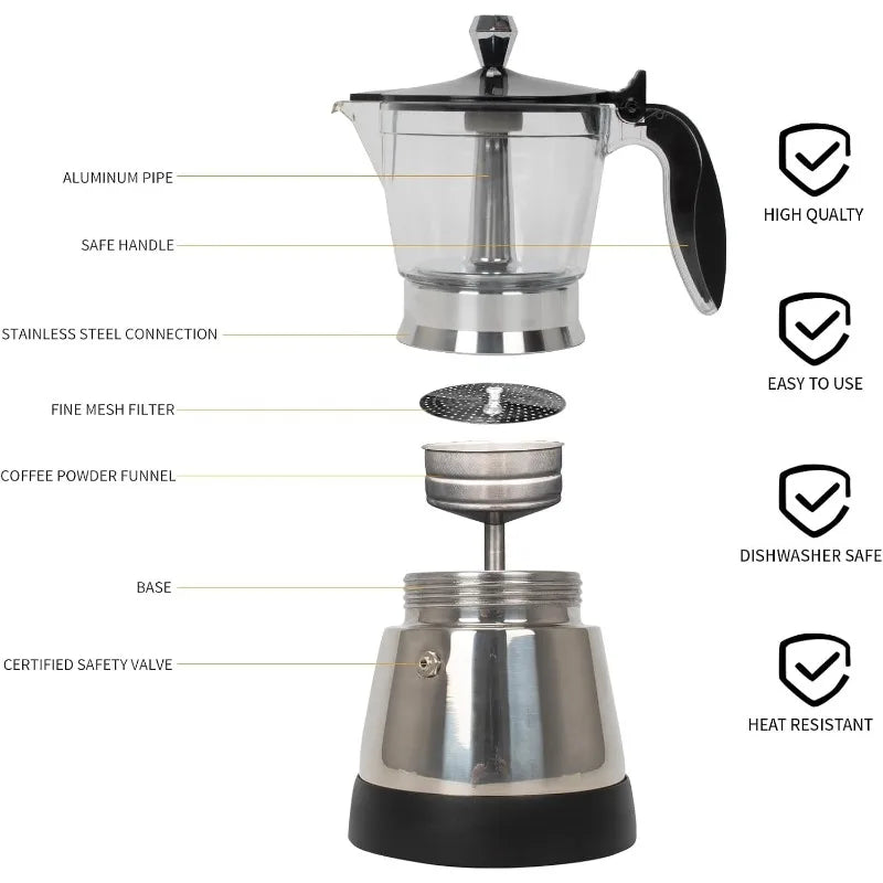 Modernas Moka Pot, Italian Coffee Espresso Machine, 6 Cup Cuban Coffee Maker with Detachable Base & Overheat Protection, Greca