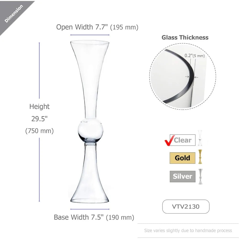 Tall Trumpet Vase Bulk, Open 7.5", Height 30", Base 7.5", (Multiple Size/Color Choices) Clear Reversible Latour Floral Wedding