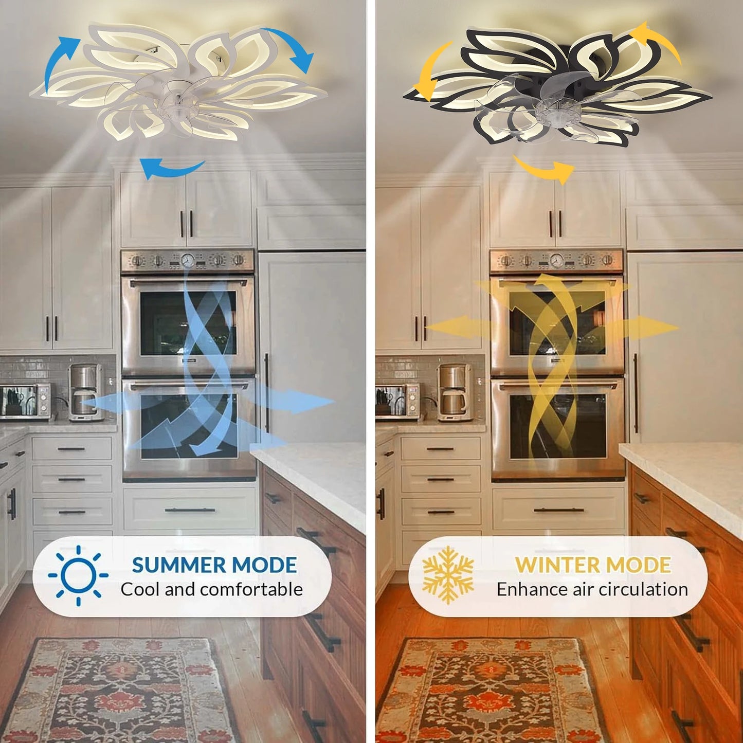 Ceiling mounted fan light with silent fan, adjustable wind speed, dimmable LED lighting, equipped with remote control