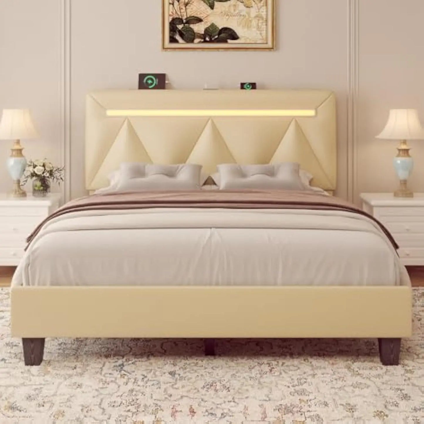 Queen Size Bed Frame, Faux Leather Upholstered Bed Frame with Adjustable Headboard, Charging Station and LED Lights, Solid Wood