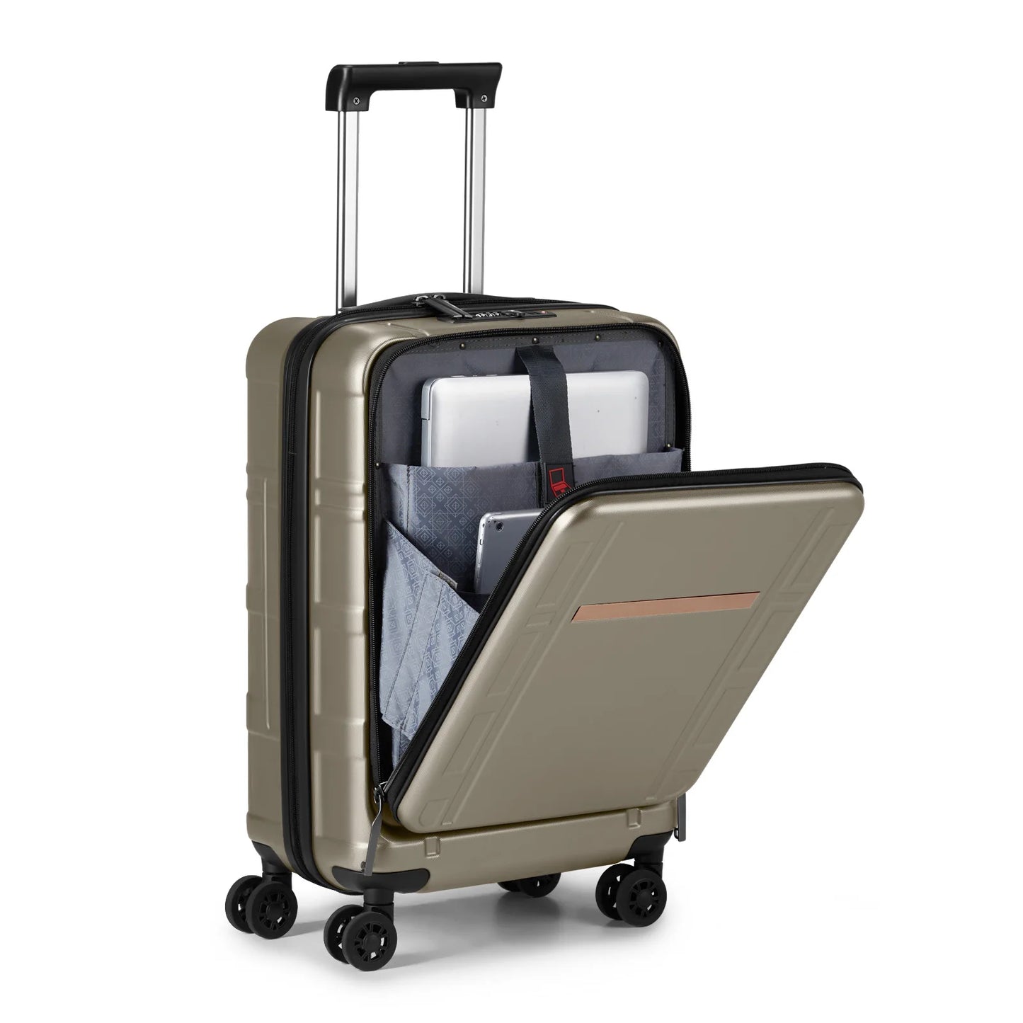 22 X 14 X 9 Airline Approved, ABS+PC 20 Inch Luggage with Front Compartment, Double Spinner Wheels, TSA Lock,Khaki Color