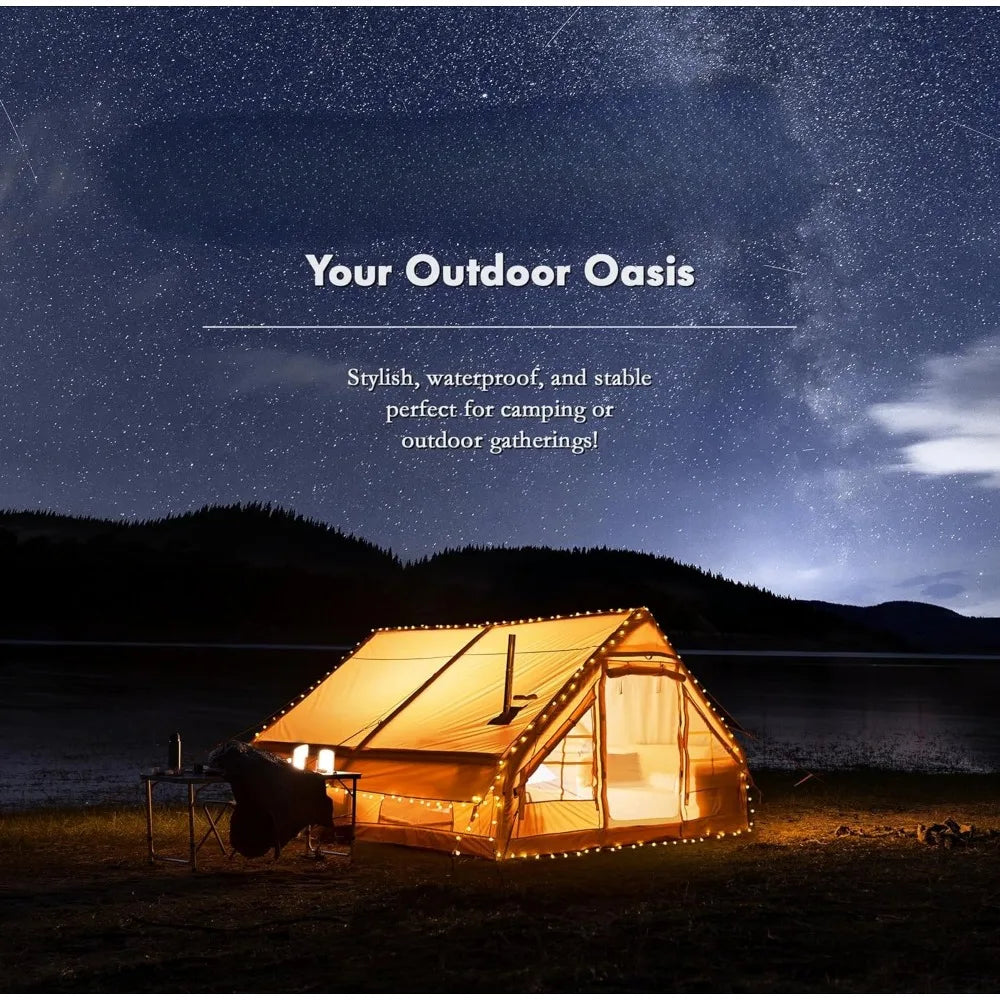 Inflatable Tent, Waterproof Blow Up Tent fo r8-10 Person, Easy Setup Glamping Cabin with Mesh & Chimney Windows, Large Te