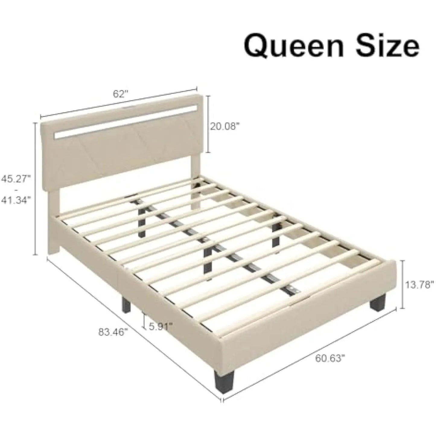 Queen Size Bed Frame, Faux Leather Upholstered Bed Frame with Adjustable Headboard, Charging Station and LED Lights, Solid Wood