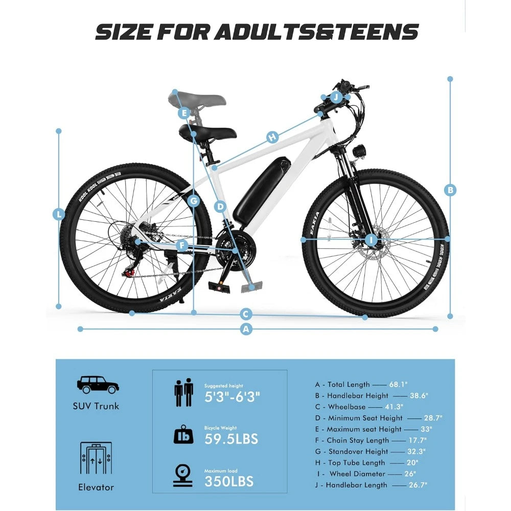 Electric Bike - 21-Speed Mountain Lightweight Ebike with Peak 750W 22MPH Brushless Motor, 375Wh Removable Battery