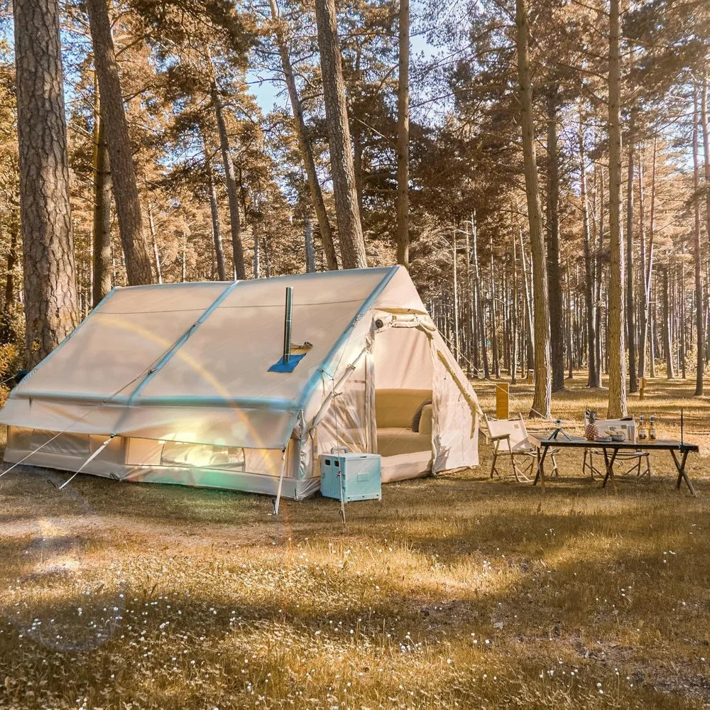 Inflatable Tent, Waterproof Blow Up Tent fo r8-10 Person, Easy Setup Glamping Cabin with Mesh & Chimney Windows, Large Te