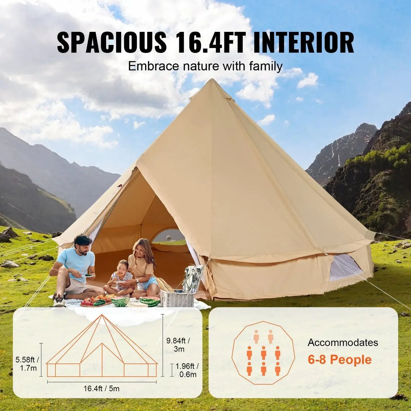 8-10 Person Canvas Glamping Bell Tent, Breathable Waterproof Yurt Tent with Stove Jack and Detachable Side Wall