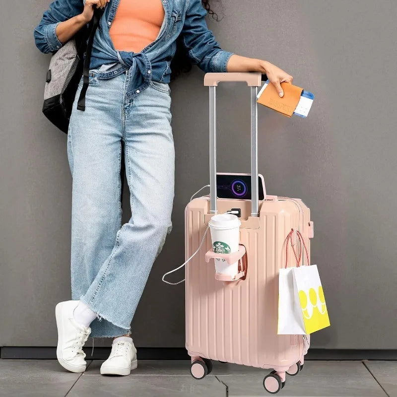 Carry-on Luggage with Cup Holder & USB Charging Port, Hard Side Luggage with Spinner Wheels, Lightweight Luggage for Travel