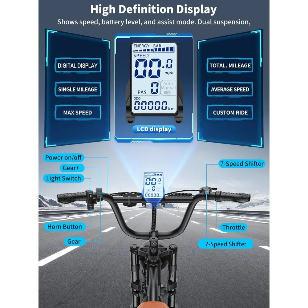 48V 18.2AH electric motorcycle, long seat electric bicycle with full suspension,suitable for mountains, snow, sand, and highways