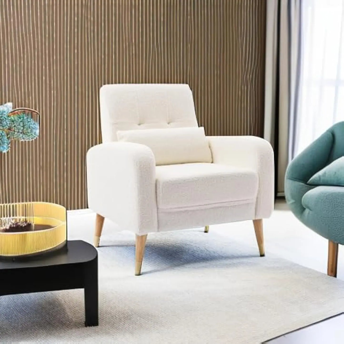 Mid-Century Modern Accent Chair, Upholstered Armchair Living Room Chair, Comfy Single Sofa Chair with Sturdy Legs for Living R