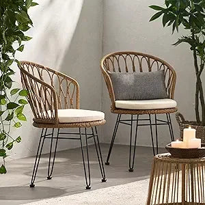 Outdoor Dining Chairs Set of 2, Wicker Outdoor Dining Chair with Cushion, Boho Industrial Style Rattan Dining Chairs, Patio Loun