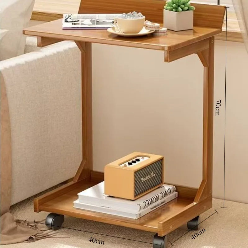Sofa edge table, movable coffee table with wheels, minimalist mini living room, solid wood bedroom, bedside table, storage rack
