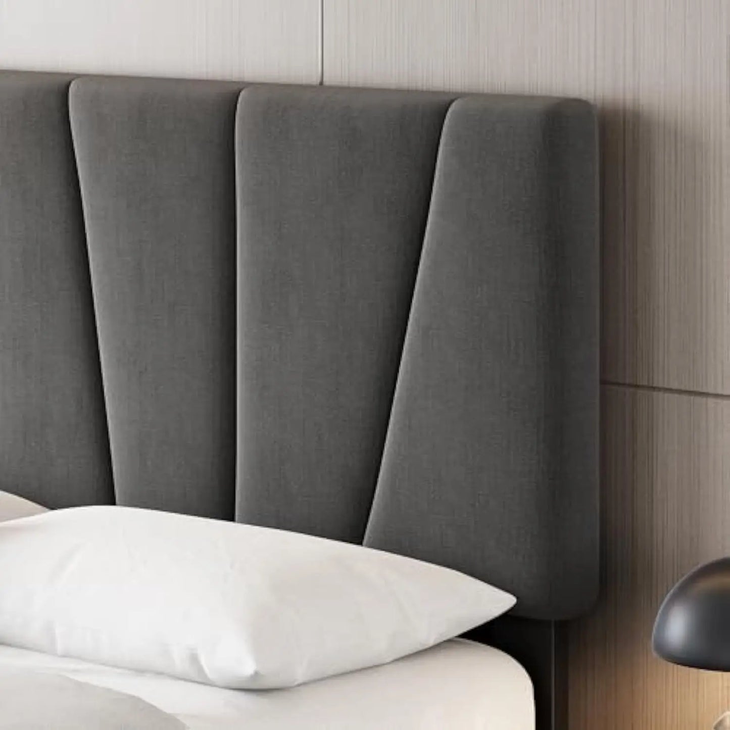 King Size Bed Frame with Headboard Adjustable, Linen Upholstered King Platform Bed with Headboard, Mattress Foundation with Woo