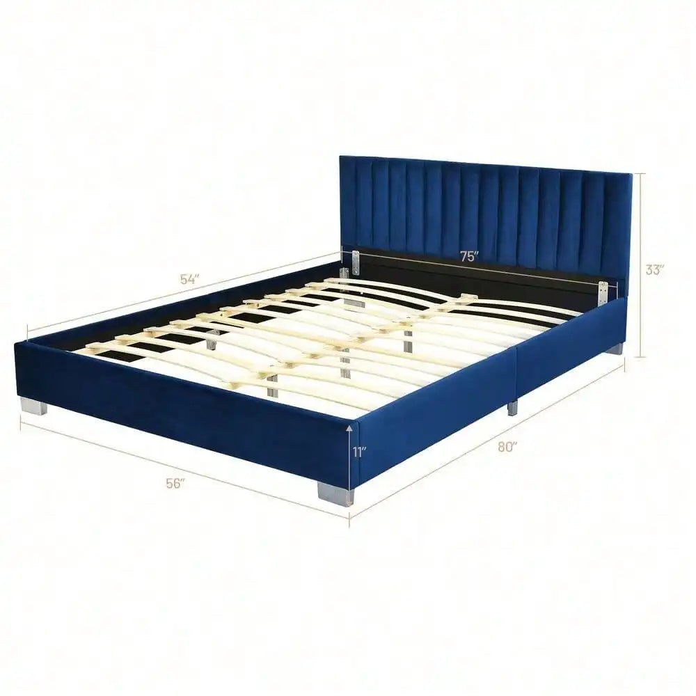 Full Tufted Upholstered Platform Bed Frame Flannel Headboard Navy Blue