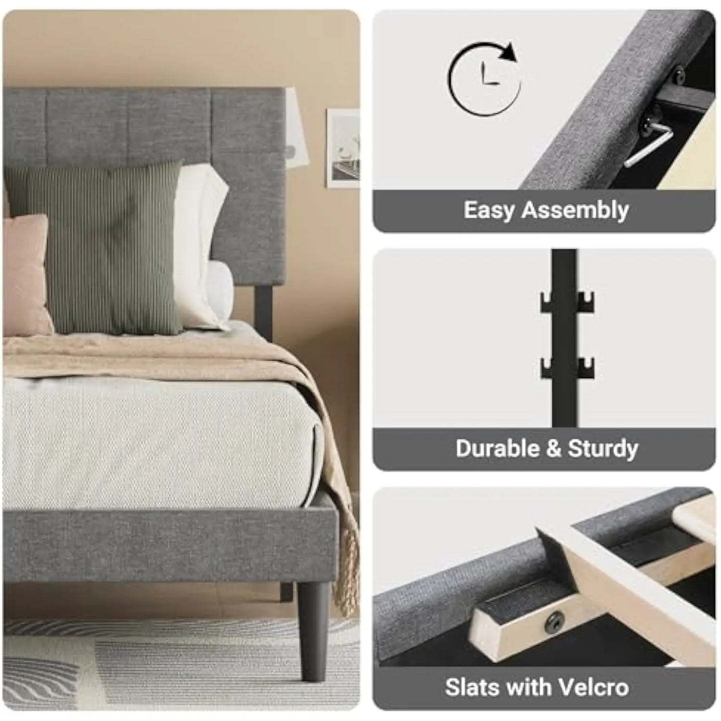 Gray Low Profile Upholstered Platform Bed Frame (Queen) - Bed Frame Queen Size with Headboard, Camas Queen