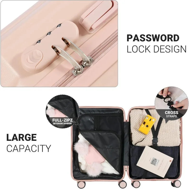 Carry-on Luggage with Cup Holder & USB Charging Port, Hard Side Luggage with Spinner Wheels, Lightweight Luggage for Travel