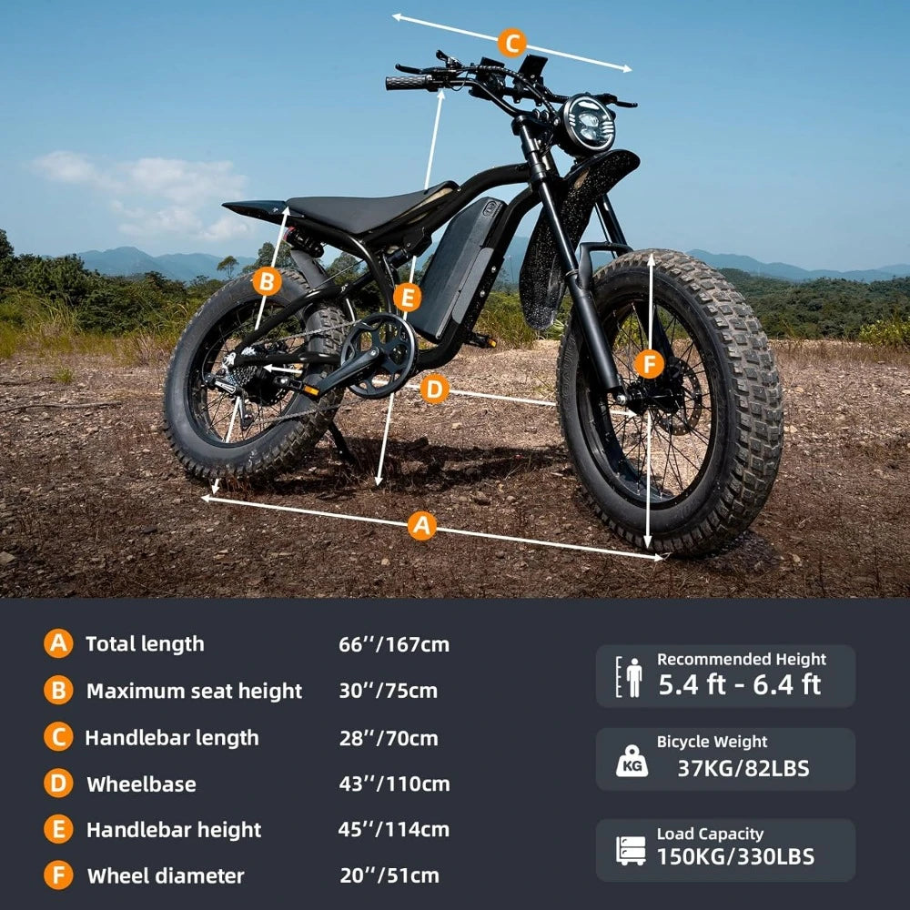 Electric Bike 20" Fat Tire, Peak 1200W Motor, 48V 15A/22.5A Battery, 7-Speed, Dual Disc Brakes for Off-Road and City Riding