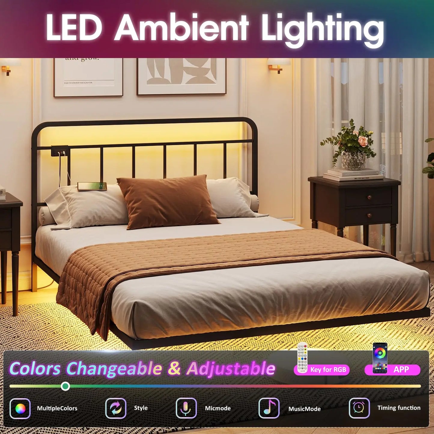 Vabches Floating Queen Size Bed Frame with LED Lights&Power Outlet Metal Platform Bed Frame with Headboard No Box Spring Needed