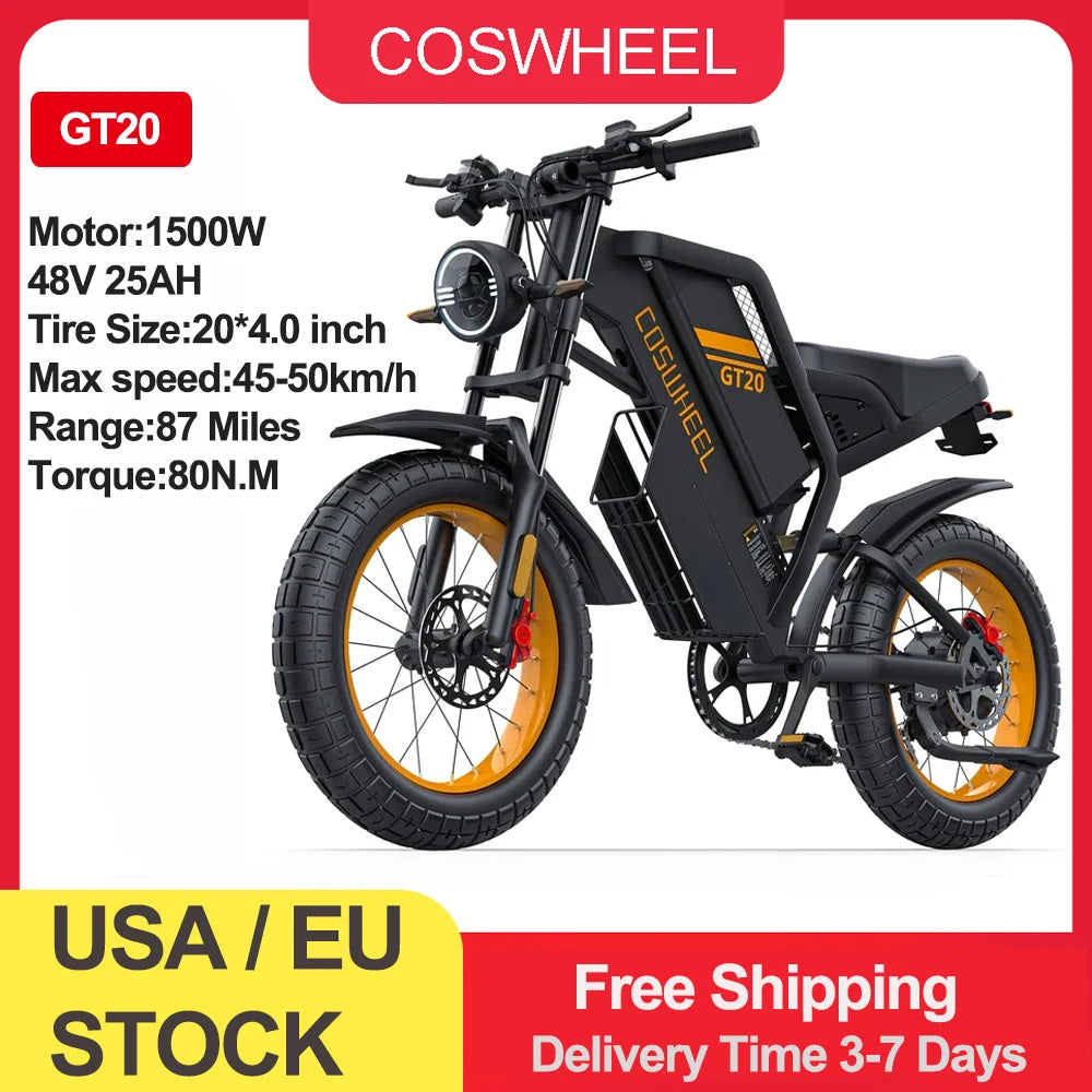 Coswheel Electric bike for Adult 2000W 60V Off-Road Motorcycle Mountain Bikes 20Inch Electric bike Fatbike Motorcycles ebike