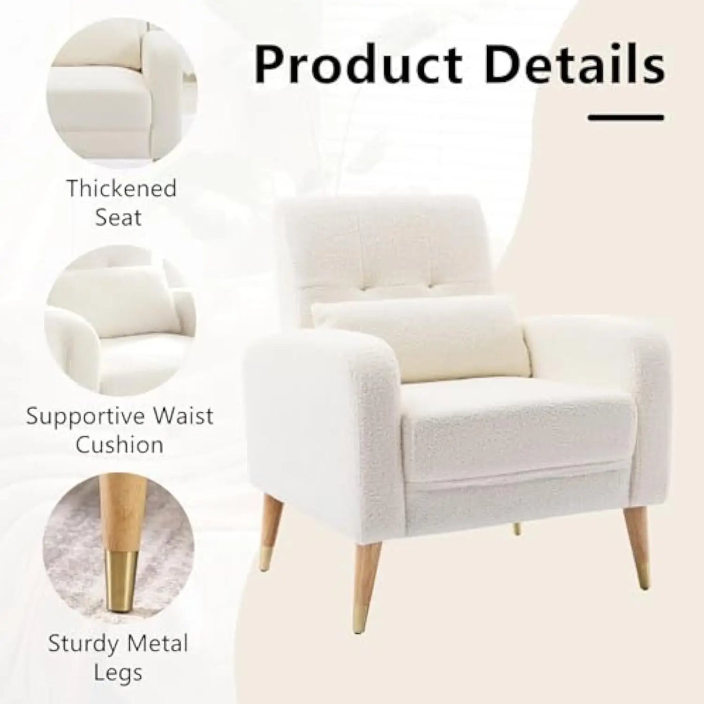 Mid-Century Modern Accent Chair, Upholstered Armchair Living Room Chair, Comfy Single Sofa Chair with Sturdy Legs for Living R