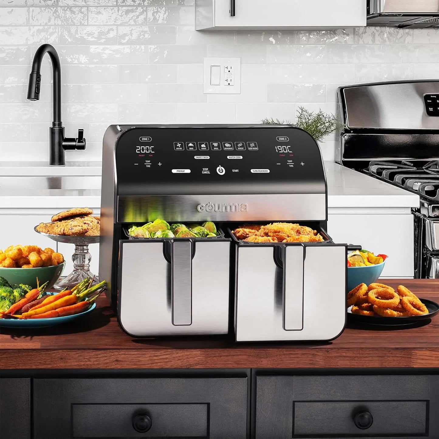 10-Quart/9.4 Liter Capacity Dual Basket Digital Air Fryer, with Smart Finish & 7 Cooking Functions
