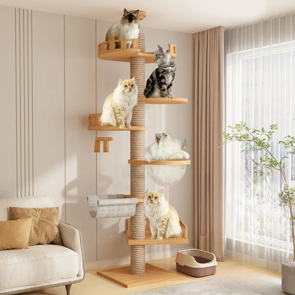 Adjustable Cat Tree House Tower Pet Condo Wooden House Multifunction Tower Soft Flannel Hammock Bed Cat Tree Floor To Ceiling