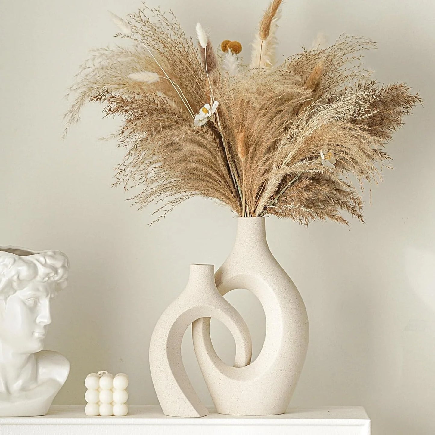 Snuggle Hollow Ceramic Vase Set of 2, Boho ins Style Nordic Mid Century Modern Aesthetic Decorative Vase(Cream W 6.8" X H 11")