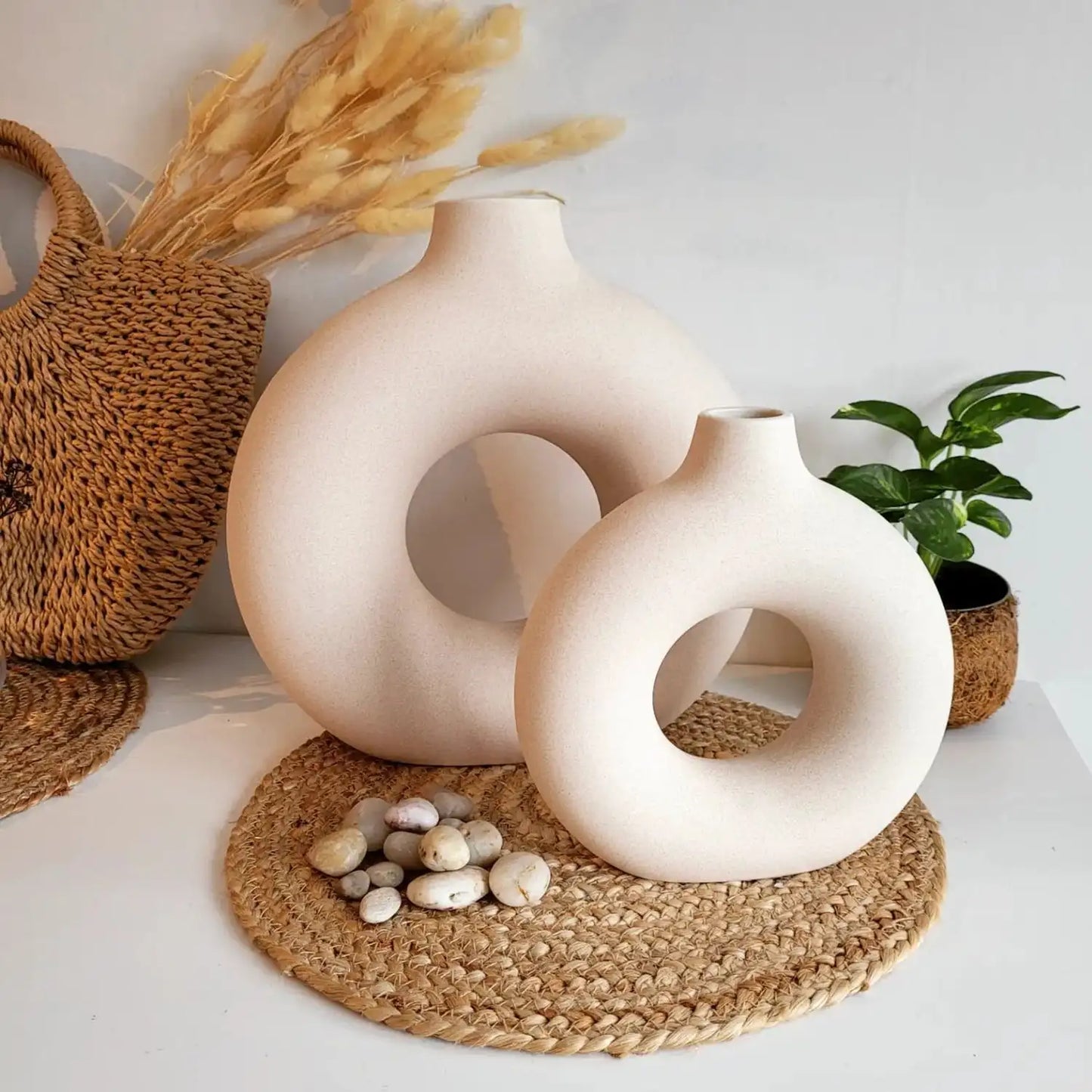 Ceramic Vases for Home Decor, Set of 2 Donut Vases, Modern Vase, White Vases, Farmhouse Vase, Decorative Vase