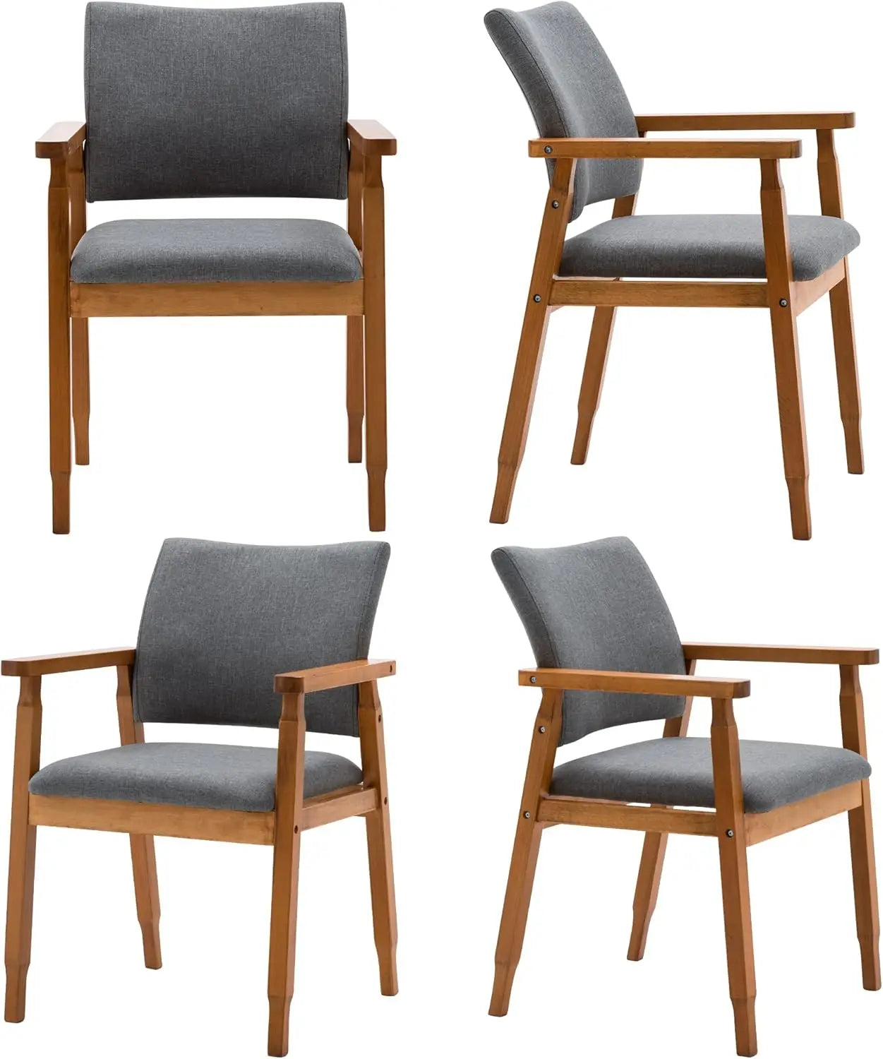 Set of 2 Mid Century Modern Walnut Dining Chairs Wood Arm Grey Fabric Kitchen Cafe Living Room Decor Furniture