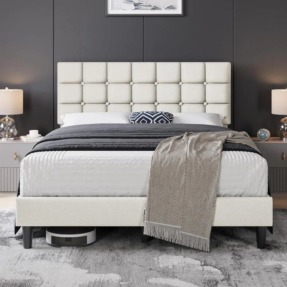Bed Frame, Modern Full Bed Platform with Square Stitched&Button Tufting Headboard Height Adjustable, Full Size, Dark Gray