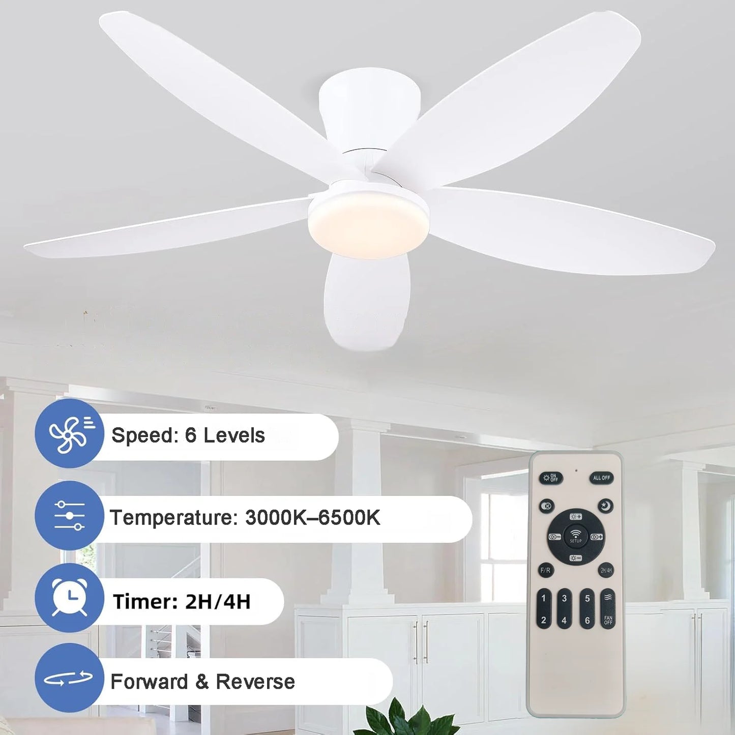 Ceiling Fans with Lights, Low Profile Ceiling Fan Light, Reversible, Dimmable, Noiseless, Ceiling Fan lamp for Indoor