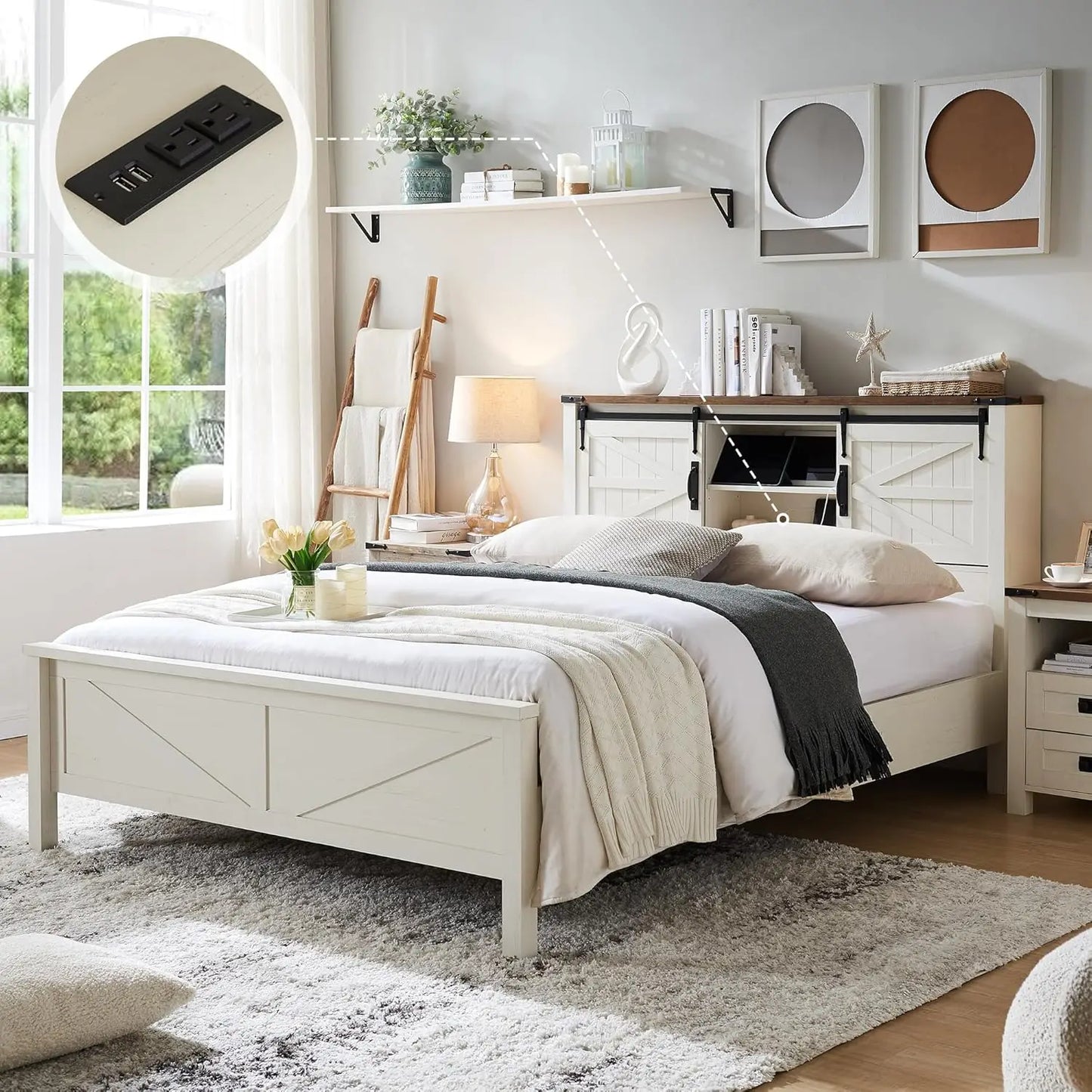Farmhouse King Size Bed Frame w/Storage Bookcase Headboard Sliding Barn Door Charging Station Rustic Wood Platform Bed Wood Slat