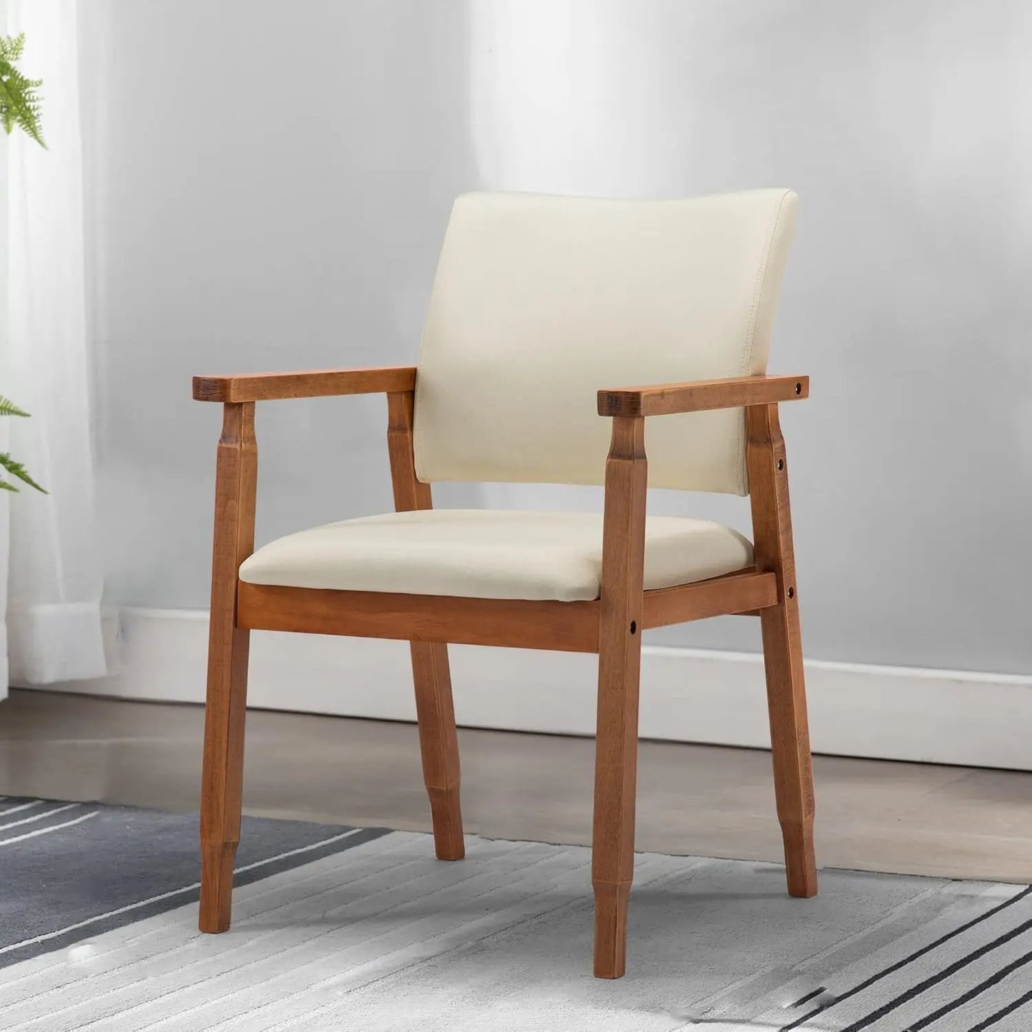 Set of 2 Mid Century Modern Walnut Dining Chairs Wood Arm Grey Fabric Kitchen Cafe Living Room Decor Furniture