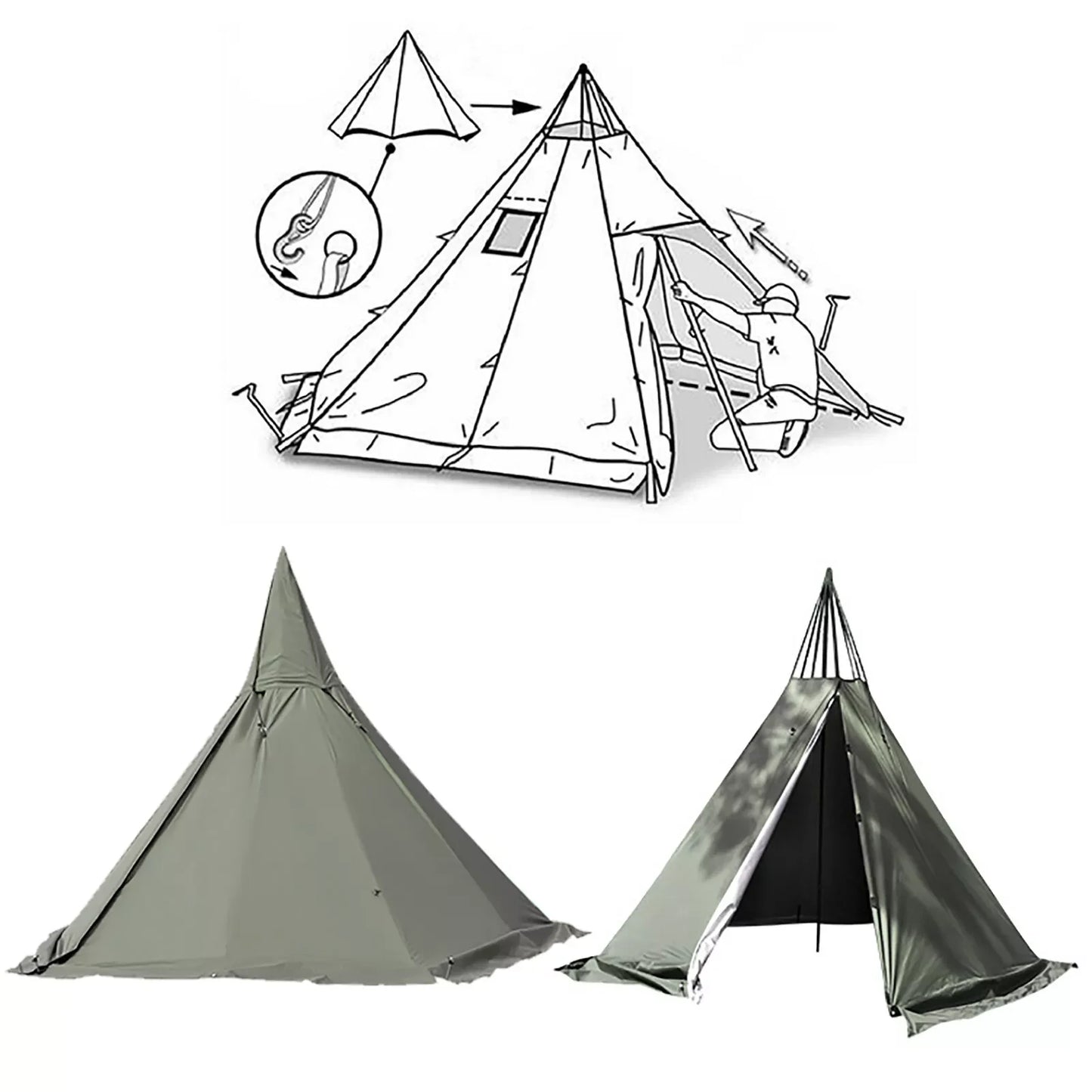 Outdoor Camping Tent, Teepee Tent, 4 Season 2 Doors Hike Waterproof Tent, Reathable Outdoor Green Tent