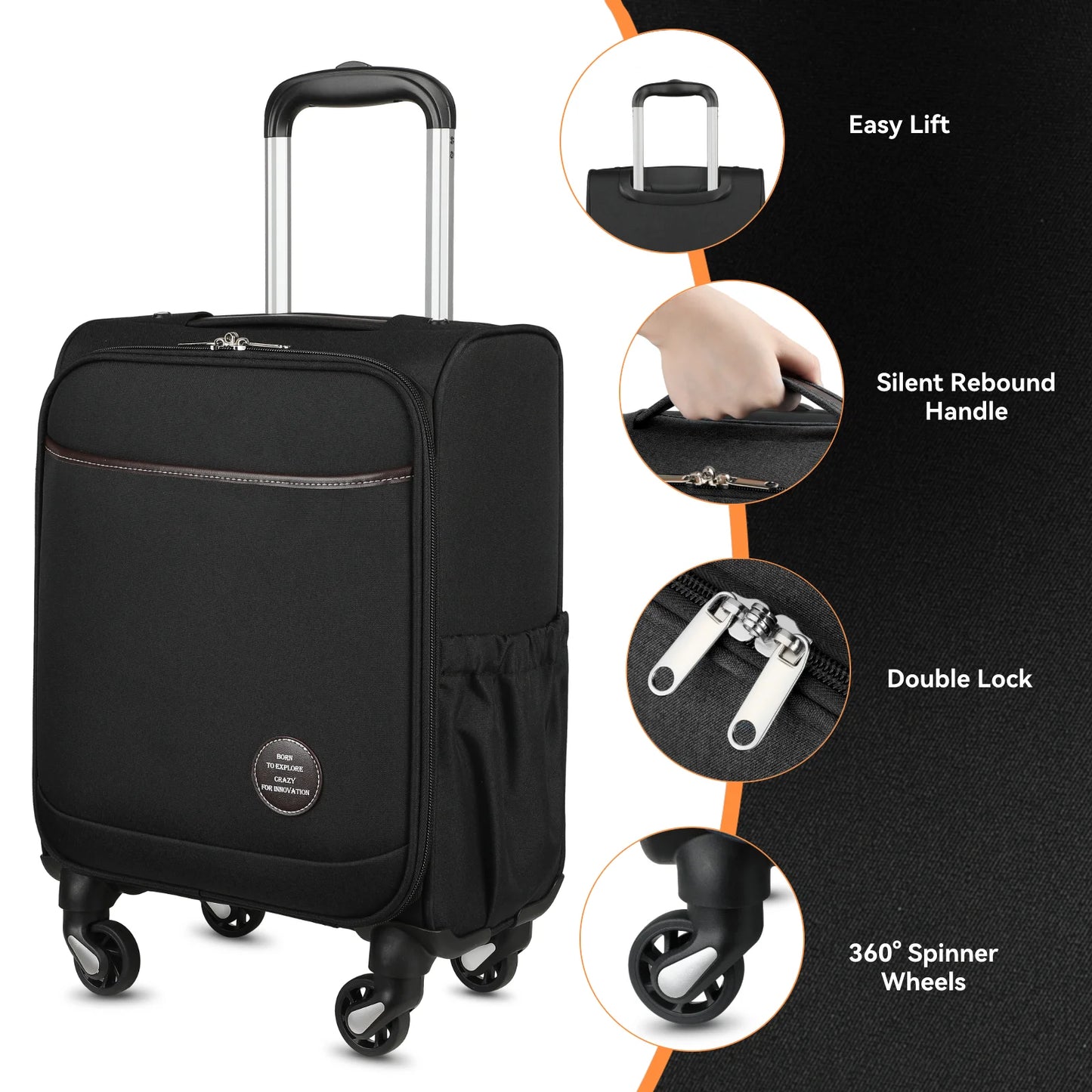 LUGGEX Underseat Carry-on Luggage with Wheels, 15 Inch Lightweight Luggage with Front Opening Lid(Black)