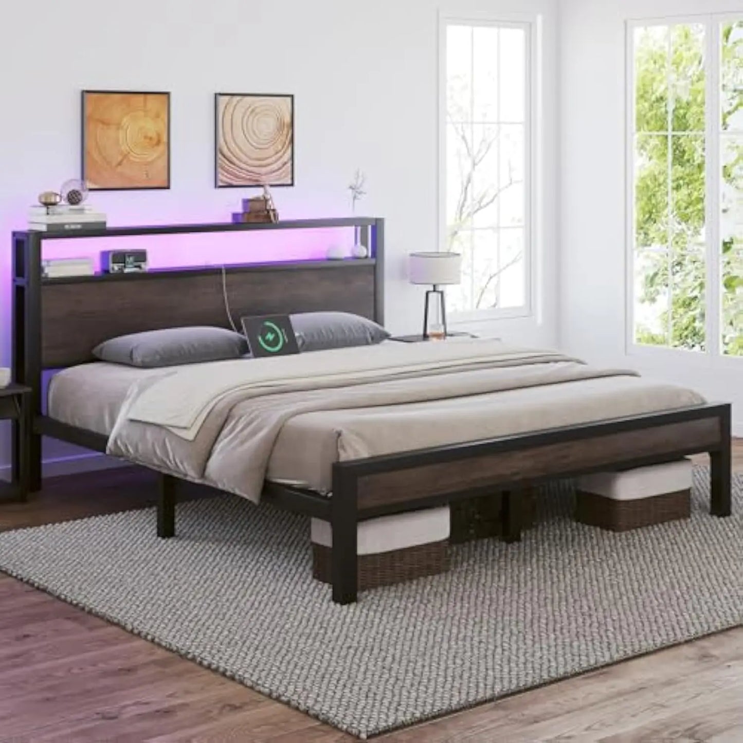 Full Size Bed Frame with 2-Tier Storage Headboard, Industrial Metal Platform Bed with LED Lights and Charging Station, Noise Fr