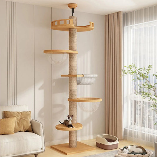 Adjustable Cat Tree House Tower Pet Condo Wooden House Multifunction Tower Soft Flannel Hammock Bed Cat Tree Floor To Ceiling
