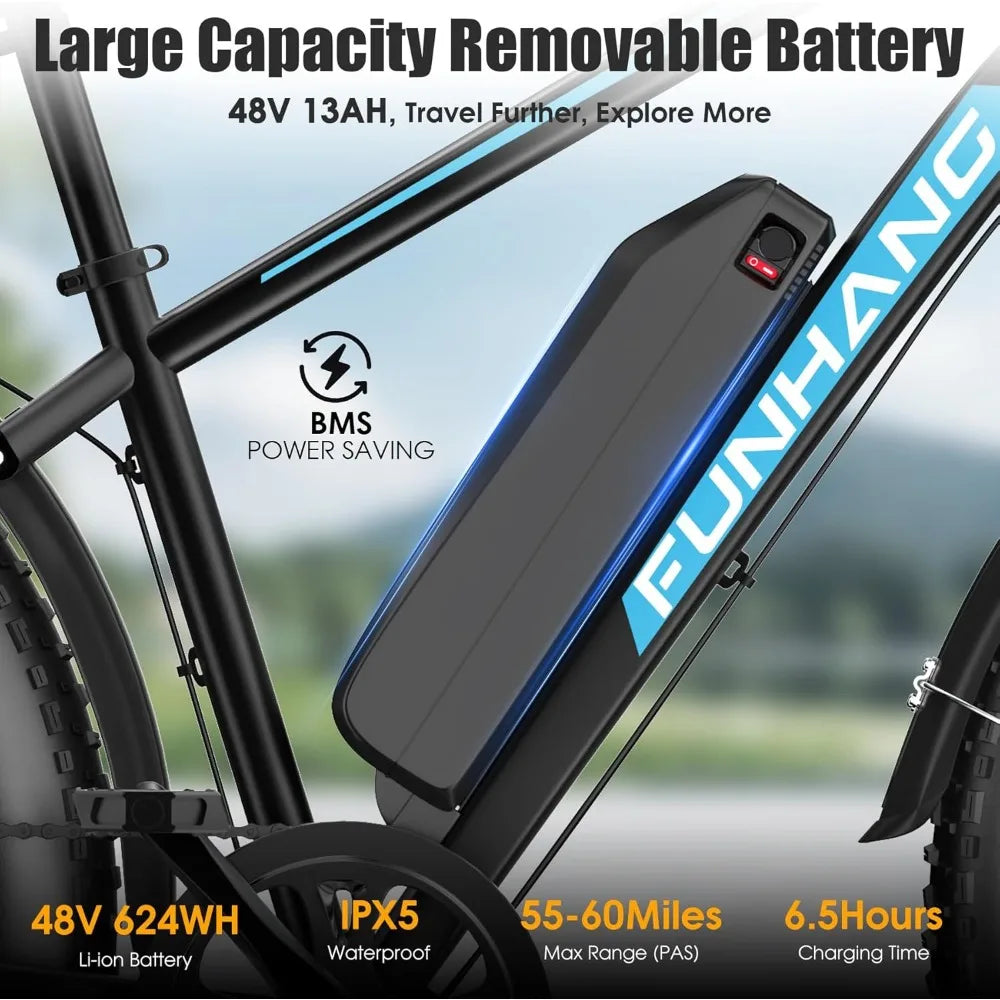 Adult electric bicycle, peak 1000W electric bicycle,25MPH 60 miles, with 48V 13AH battery, rear frame, 7-speed, front suspension
