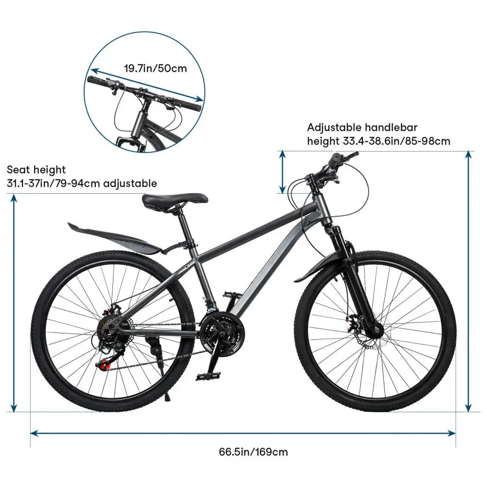 26 Inch Mountain Bike, Men Women MTB with 21 Speeds, High-Carbon Steel Frame, Front Rear Disc Brakes, Mountain Bicycle for Adult