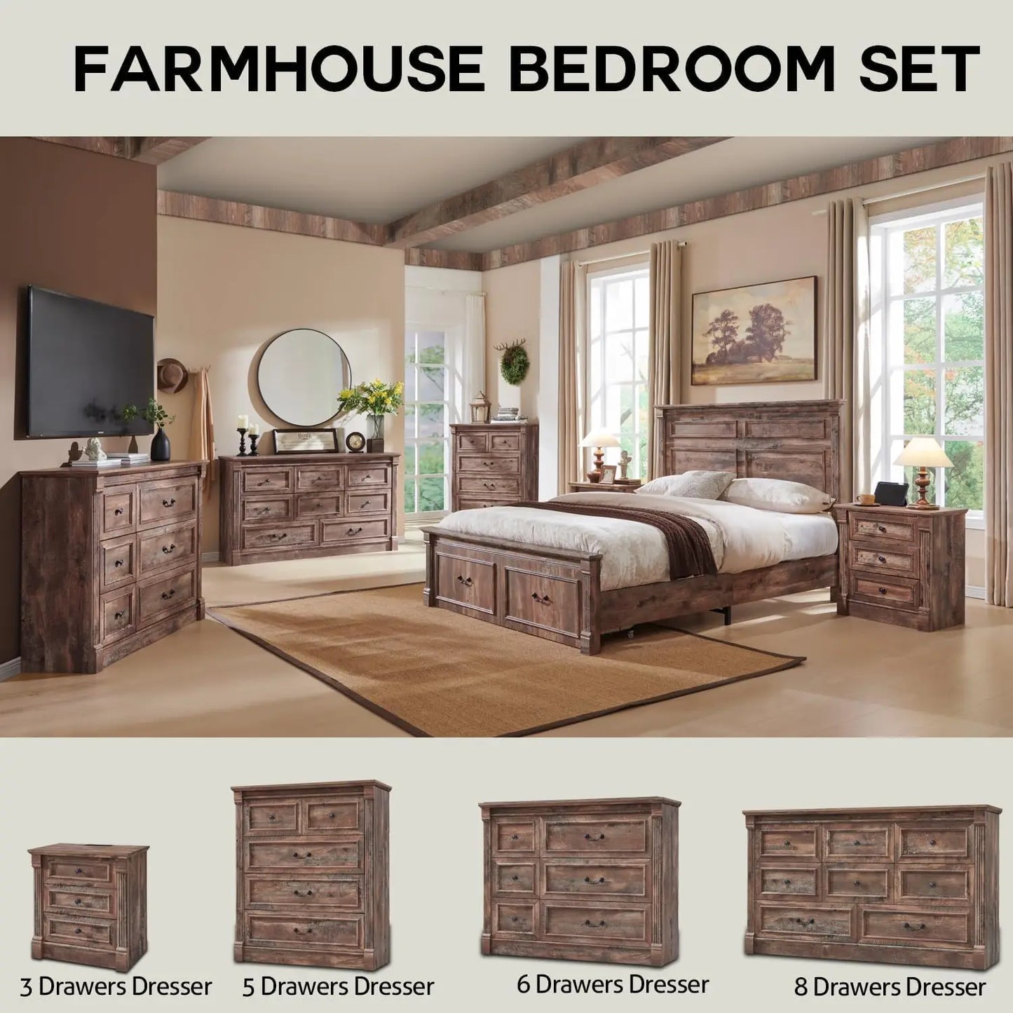 Farmhouse Queen Size Bed Frame, with 51" Tall Headboard, Wood Bed Frame with 20" Tall Footboard & 2 Large Storage Drawers