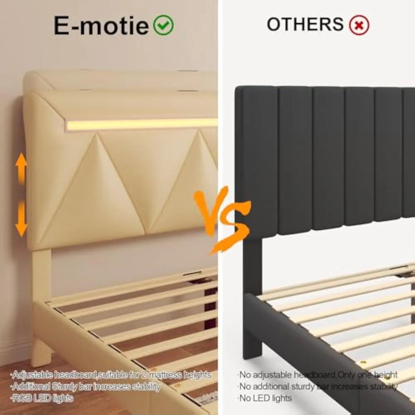 Queen Size Bed Frame, Faux Leather Upholstered Bed Frame with Adjustable Headboard, Charging Station and LED Lights, Solid Wood