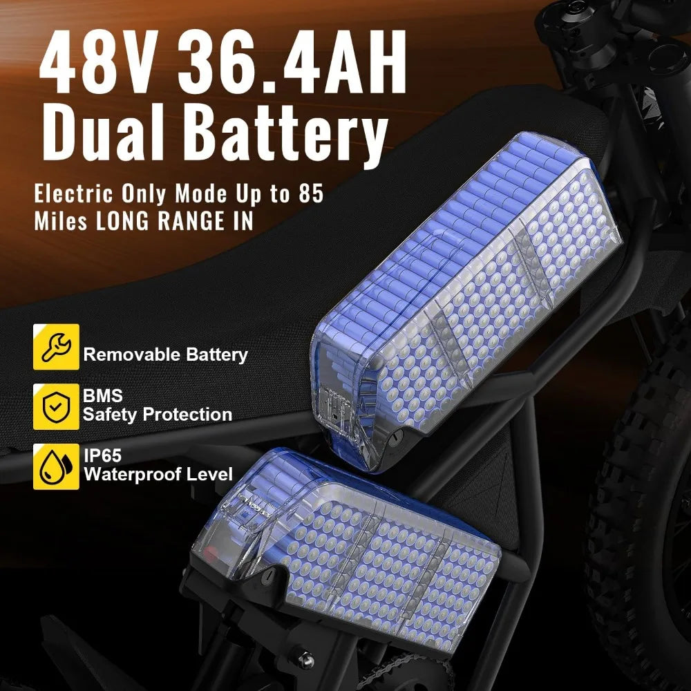 Electric Dirt Bike for Adults 2000W(Peak), with 25 Inch Tires, Max 37 MPH & 85 Mile Long Range, Dual Battery Electric Bike