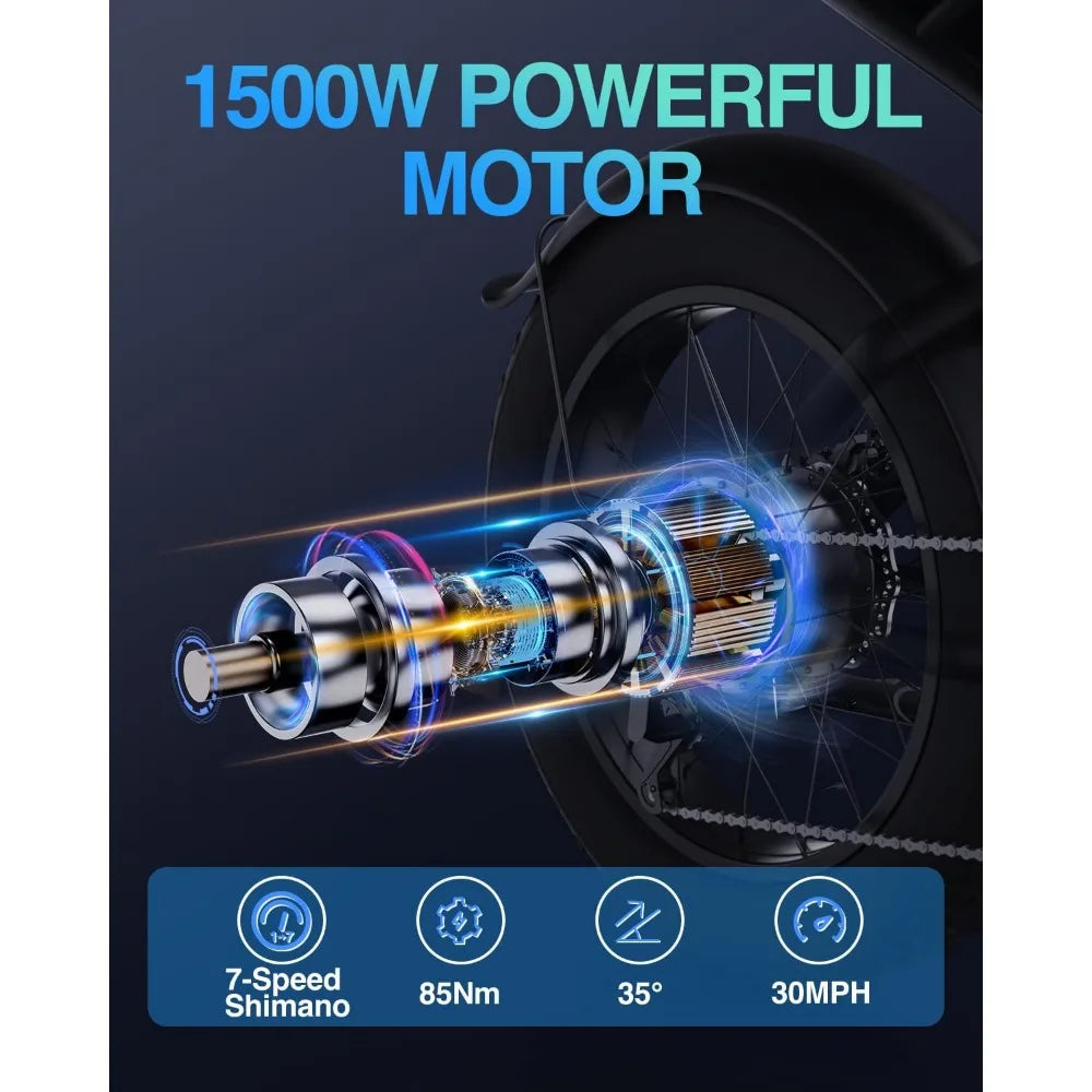 Electric Bike, 1500W 30MPH, 48V 20/23AH, Max 75Miles Electric Motorcycle 20" Fat Tire Dirt Bikes, Shamano 7-Speed E-Bike