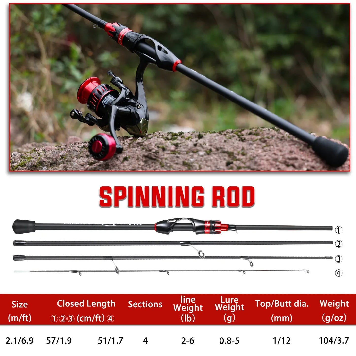 Sougayilang Casting Spinning Fishing Rod 2.1m UltraLight Carbon Fiber Rod Pole 4 Section with EVA Handle 0.8-5g Lure Weight Reel