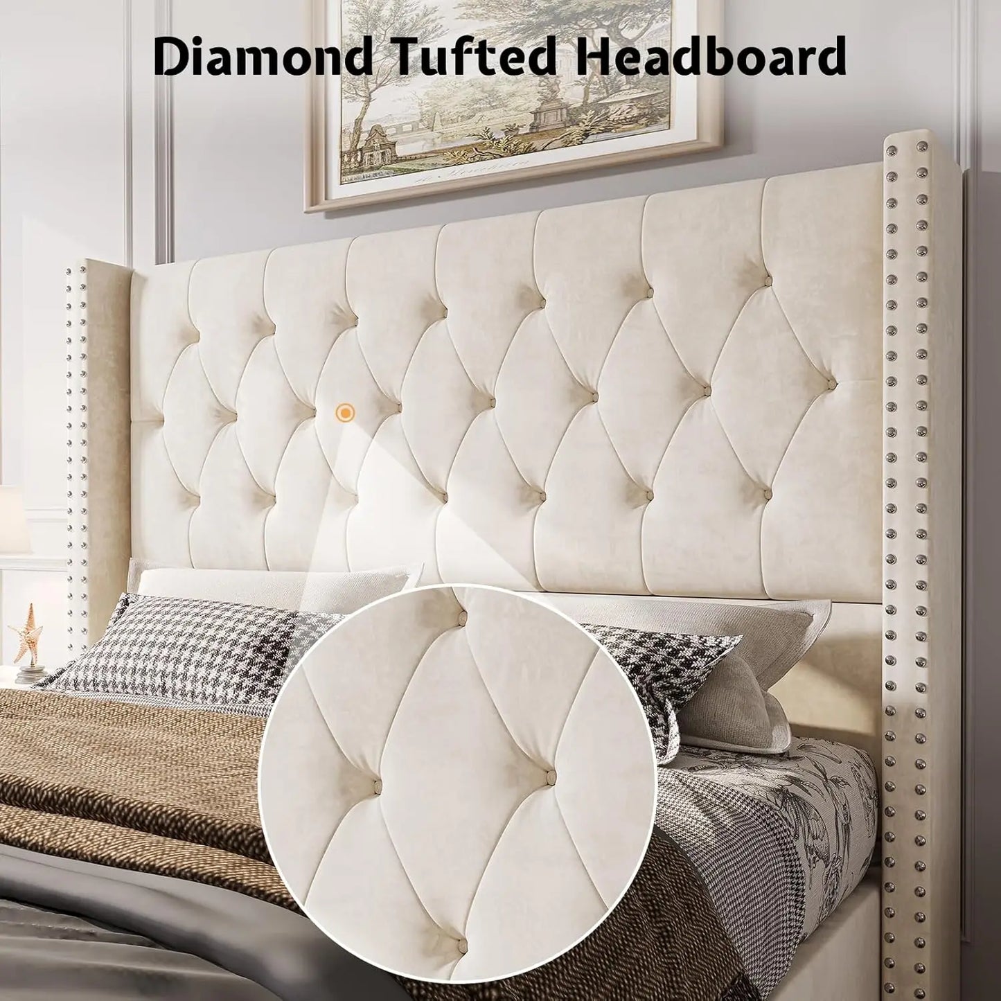 Jocisland Queen Bed Frame Upholstered Bed Wingback Headboard Velvet Tufted Diamond Button/No Box Spring Needed/Easy Assembly
